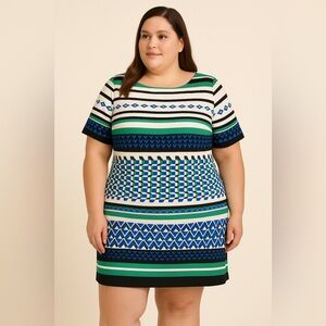 Eliza J Plus Size 24W Geometric Print Sheath Dress Green Blue Black White